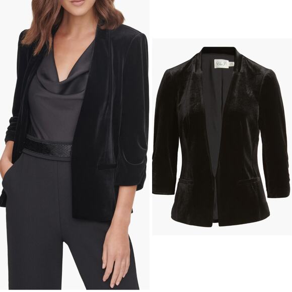 ELIZA J Black Velvet Jacket Blazer Size Medium Colarless 3/4 Sleeve - Picture 1 of 11